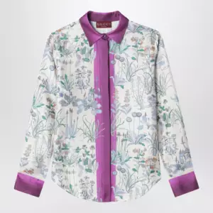 GUCCI Ivory silk twill shirt with floral print
