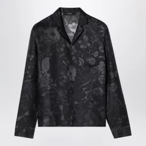 GUCCI Black silk twill bowling shirt with print