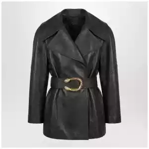 GUCCI Black leather jacket with Dionysus belt
