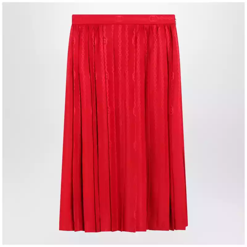 GUCCI Pleated silk jacquard midi skirt with GG chain in Fire