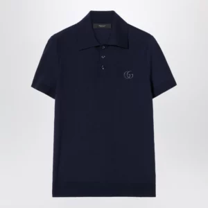 GUCCI Dark blue wool knit polo with GG embroidery