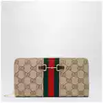 GUCCI Horsebit Web zipped wallet in GG canvas beige