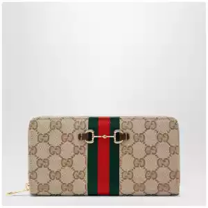 GUCCI Horsebit Web zipped wallet in GG canvas beige