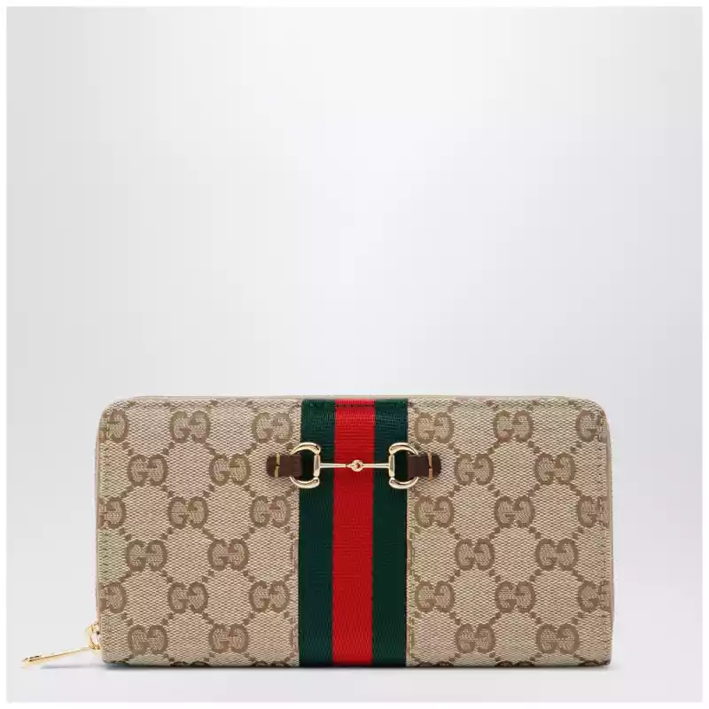 867124FAF88_T_GUC-9645.a GUCCI Horsebit Web zipped wallet in GG canvas beige