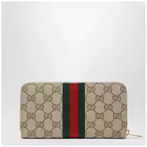 GUCCI Horsebit Web zipped wallet in GG canvas beige