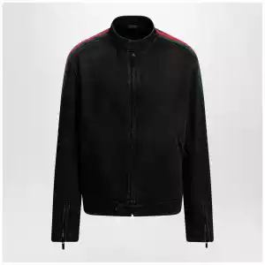 GUCCI Black cotton denim biker jacket with Web trim