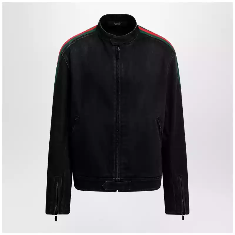 GUCCI Black cotton denim biker jacket with Web trim