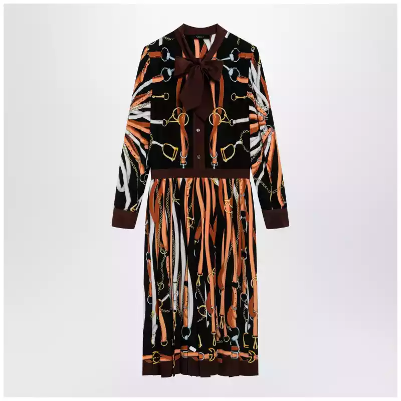 GUCCI Black/brown silk shirt dress with equestrian print