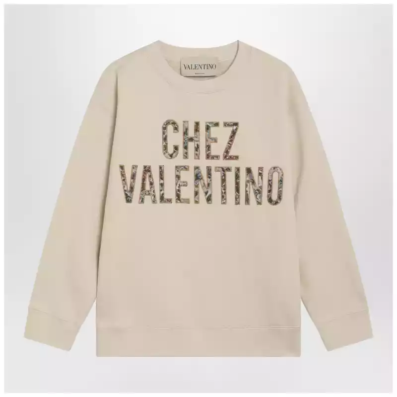 Ivory cotton sweatshirt with Chez Valentino floral motif