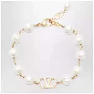 Valentino Garavani VLogo Signature bracelet in metal and pearls, gold/cream