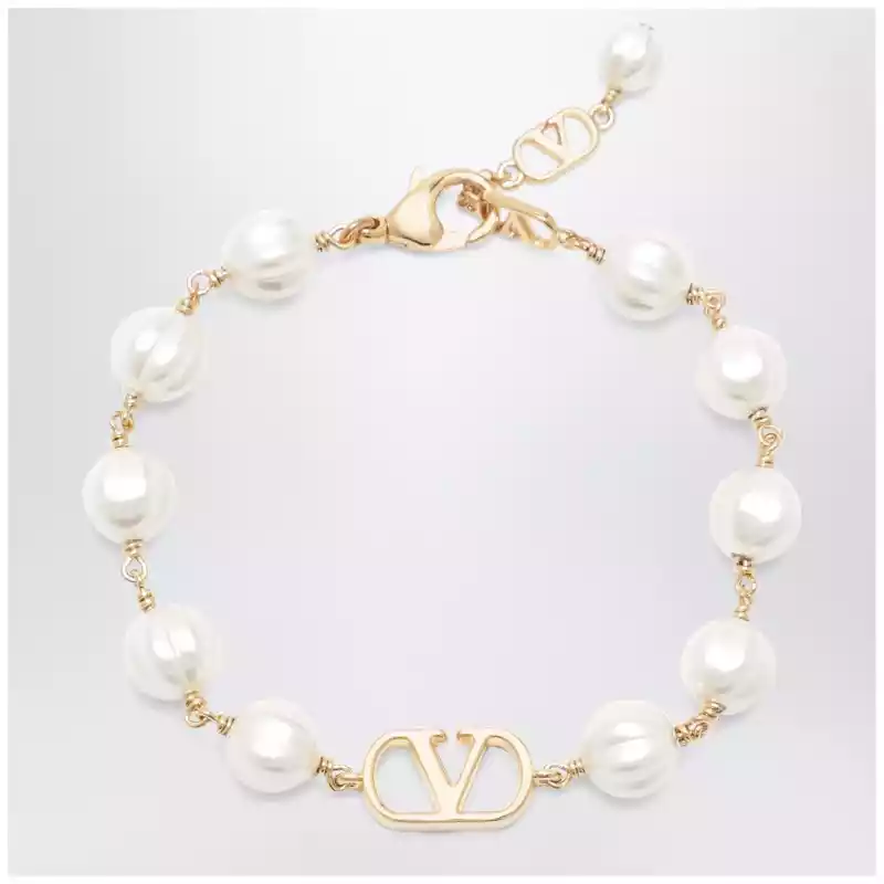 Valentino Garavani VLogo Signature bracelet in metal and pearls, gold/cream