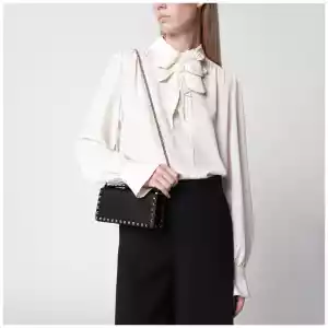 Valentino Garavani Black Rockstud Leather Wallet with Chain