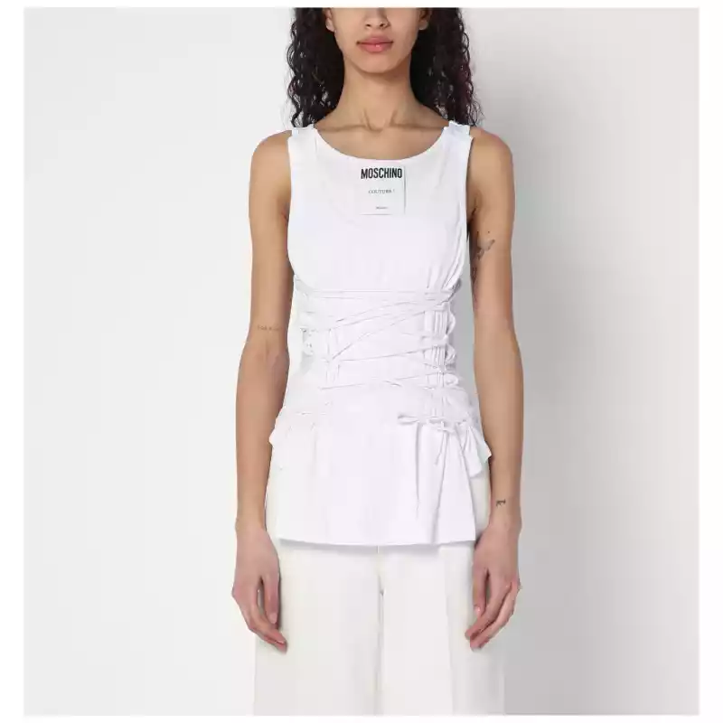 Moschino White tank top in cotton with laces