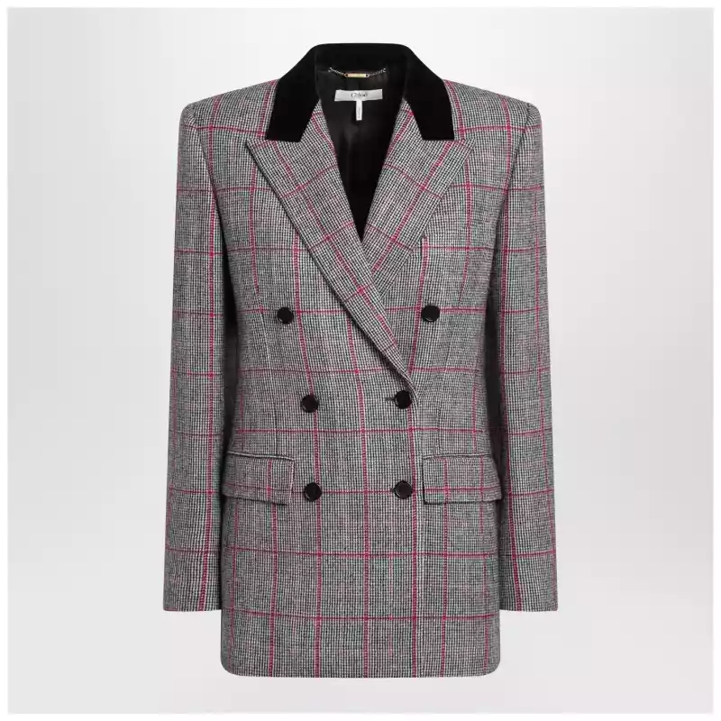 Chloé Black/white checkered wool double-breasted blazer
