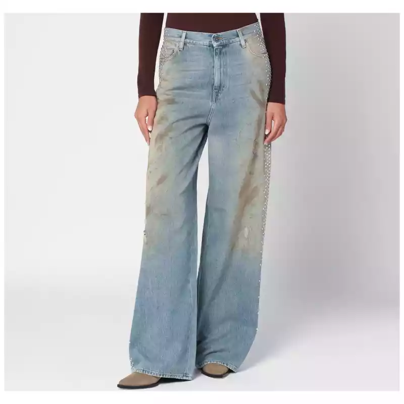 Golden Goose Wide light blue jeans, sand-wash distressed effect