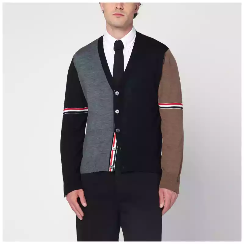 Thom Browne Navy/grey/brown wool cardigan