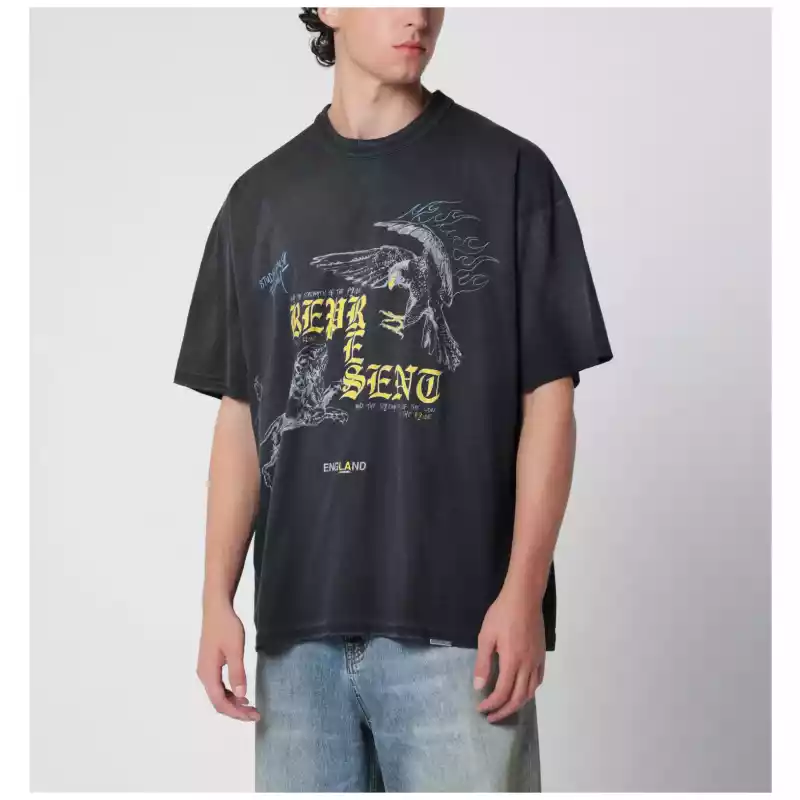 Represent Black faded T-shirt with Eagle logo print