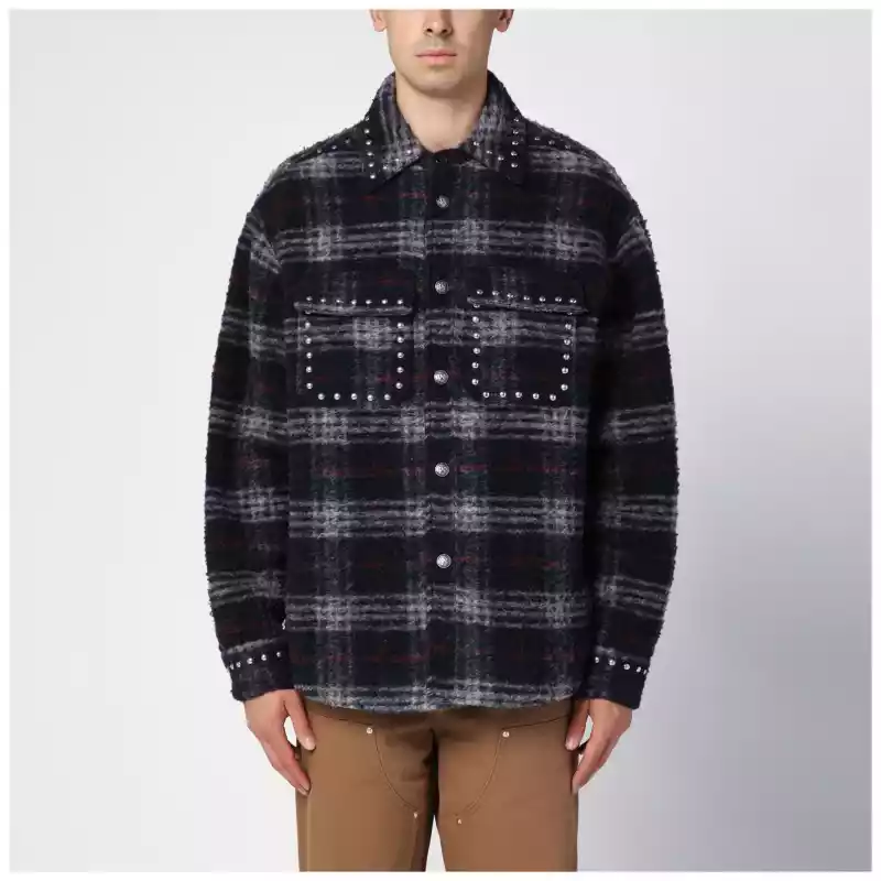 Palm Angels Over shirt in navy check wool with studs