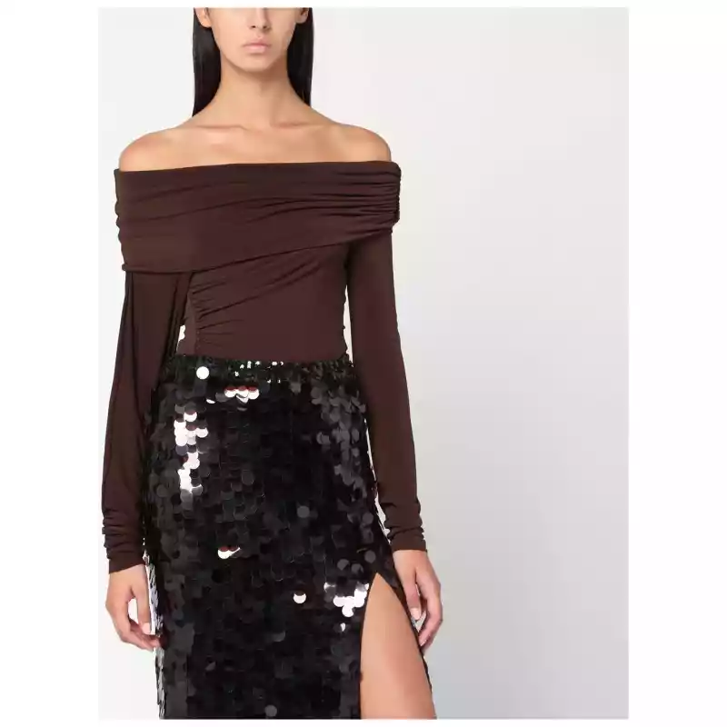 THE ANDAMANE Top with bare shoulders in brown jersey