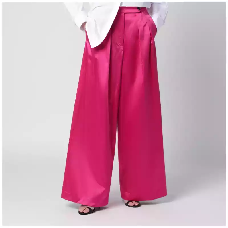 Dries Van Noten Wide pleated fuchsia satin trousers