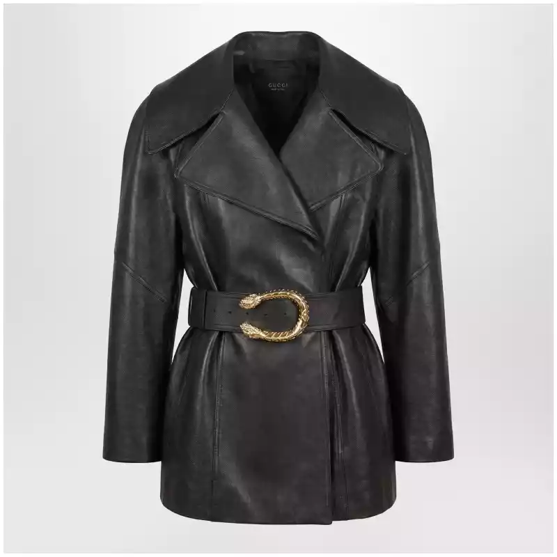 GUCCI Black leather jacket with Dionysus belt