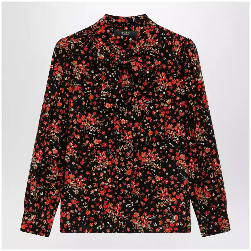 GUCCI Printed silk shirt with bow in black/red