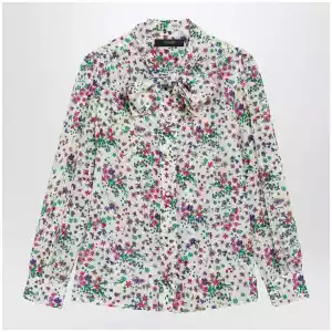 GUCCI Printed silk shirt with bow in ivory/pink