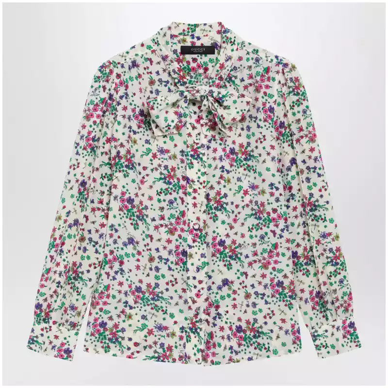 GUCCI Printed silk shirt with bow in ivory/pink