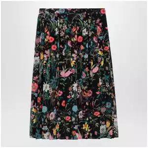 GUCCI Pleated midi silk skirt with Flora print in black