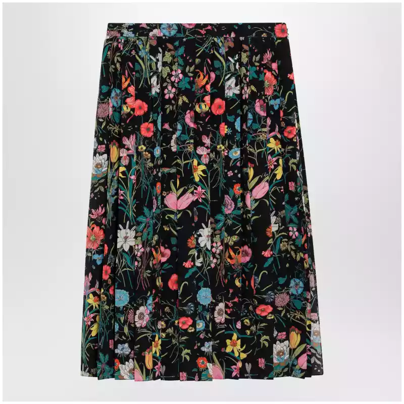GUCCI Pleated midi silk skirt with Flora print in black