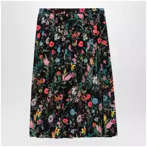 GUCCI Pleated midi silk skirt with Flora print in black
