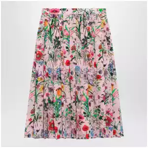 GUCCI Flora-print pleated silk midi skirt in pink