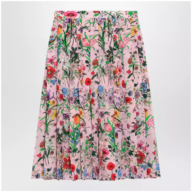 GUCCI Flora-print pleated silk midi skirt in pink
