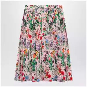 GUCCI Flora-print pleated silk midi skirt in pink