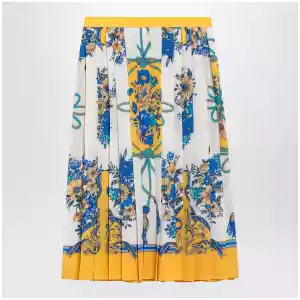 GUCCI Pleated midi silk skirt with Flora print in yellow/ivory