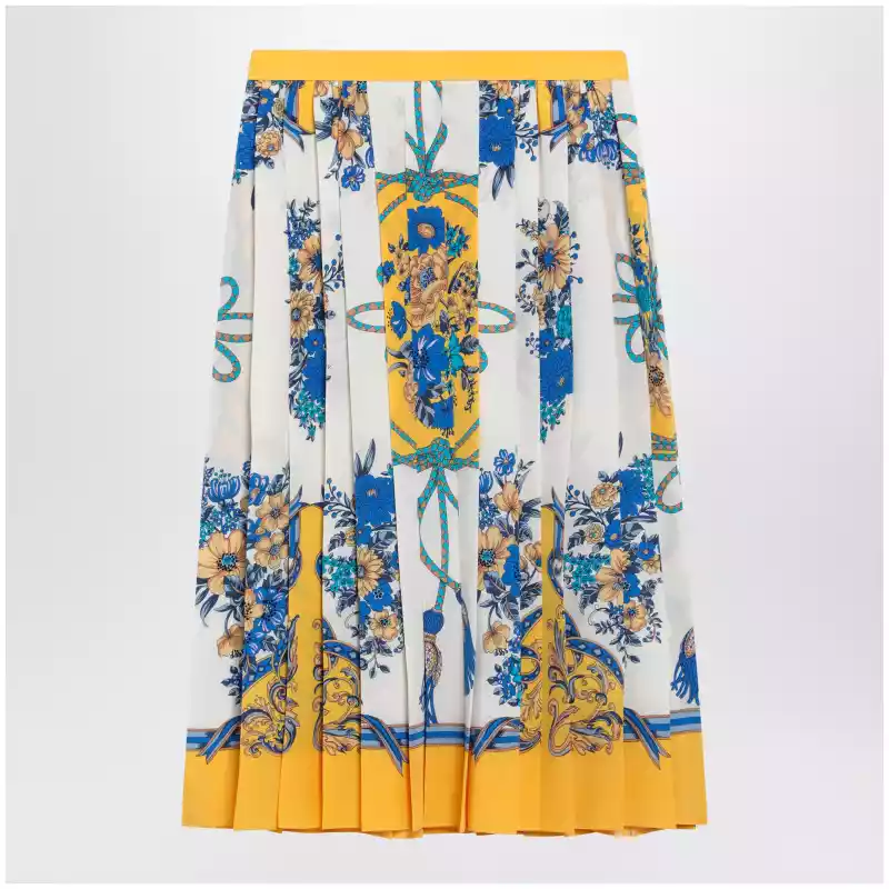 GUCCI Pleated midi silk skirt with Flora print in yellow/ivory