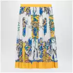 GUCCI Pleated midi silk skirt with Flora print in yellow/ivory