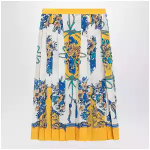 GUCCI Pleated midi silk skirt with Flora print in yellow/ivory