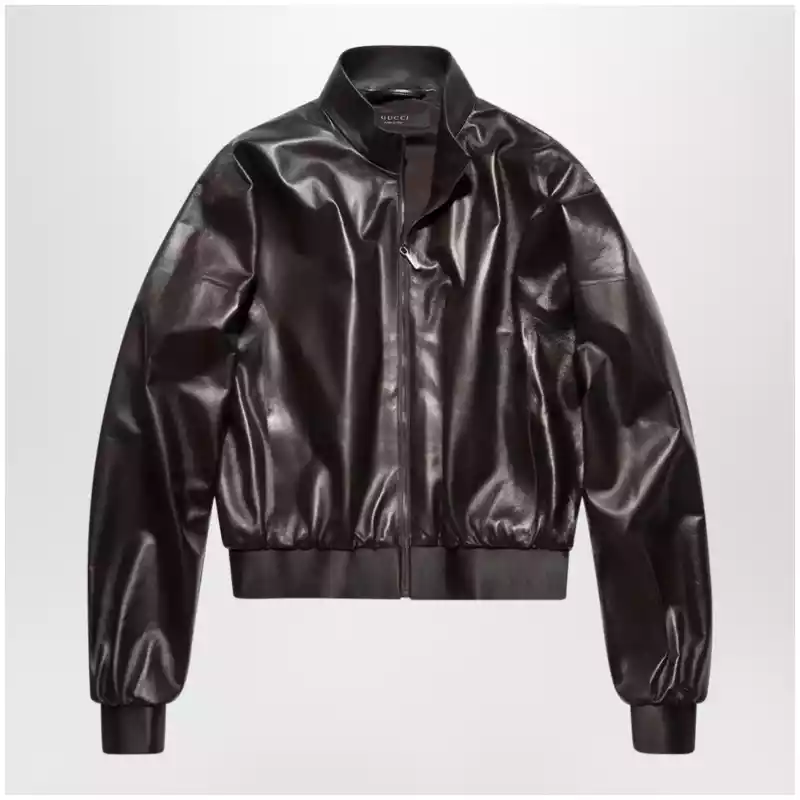 GUCCI Soft nappa leather bomber jacket in dark brown