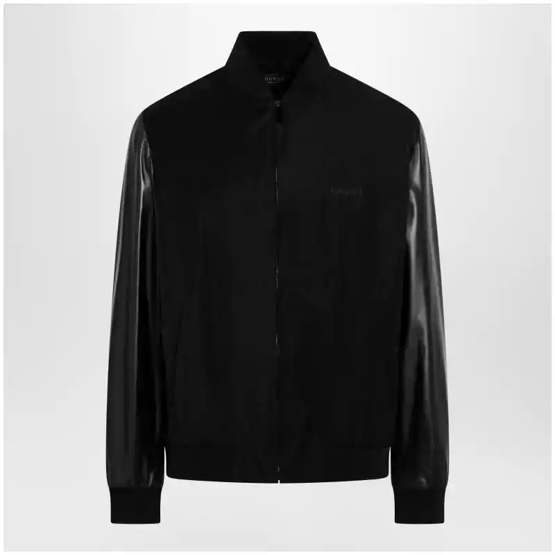 GUCCI Fabric bomber with nappa leather sleeves, black