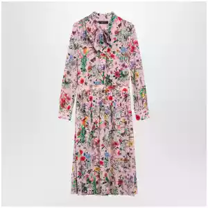 GUCCI Flora print silk shirt dress in pink multicolor