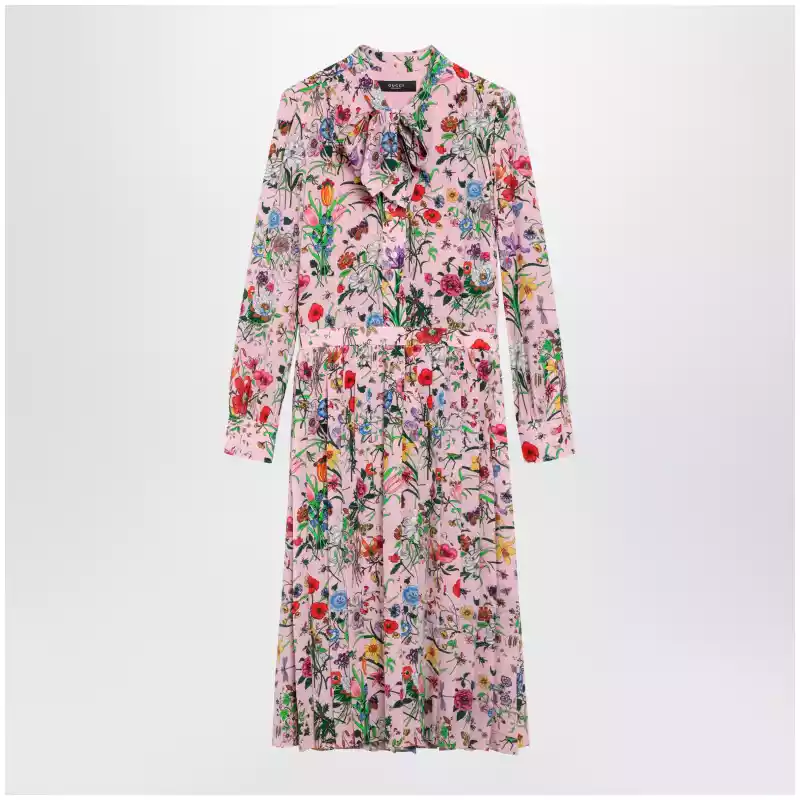 GUCCI Flora print silk shirt dress in pink multicolor