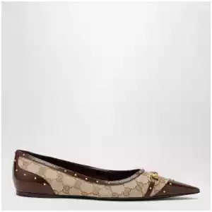 GUCCI Savoy ballet flats in GG fabric and leather in beige sand/brown