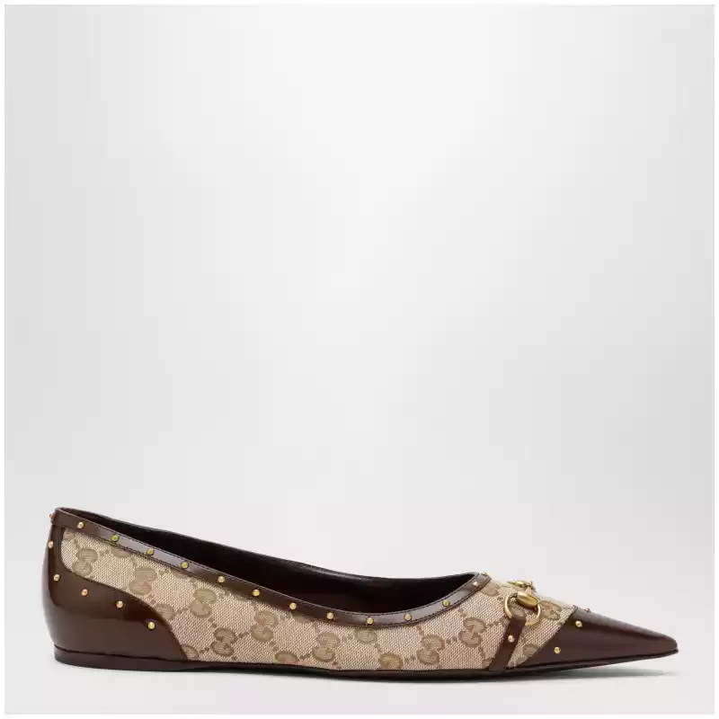 GUCCI Savoy ballet flats in GG fabric and leather in beige sand/brown