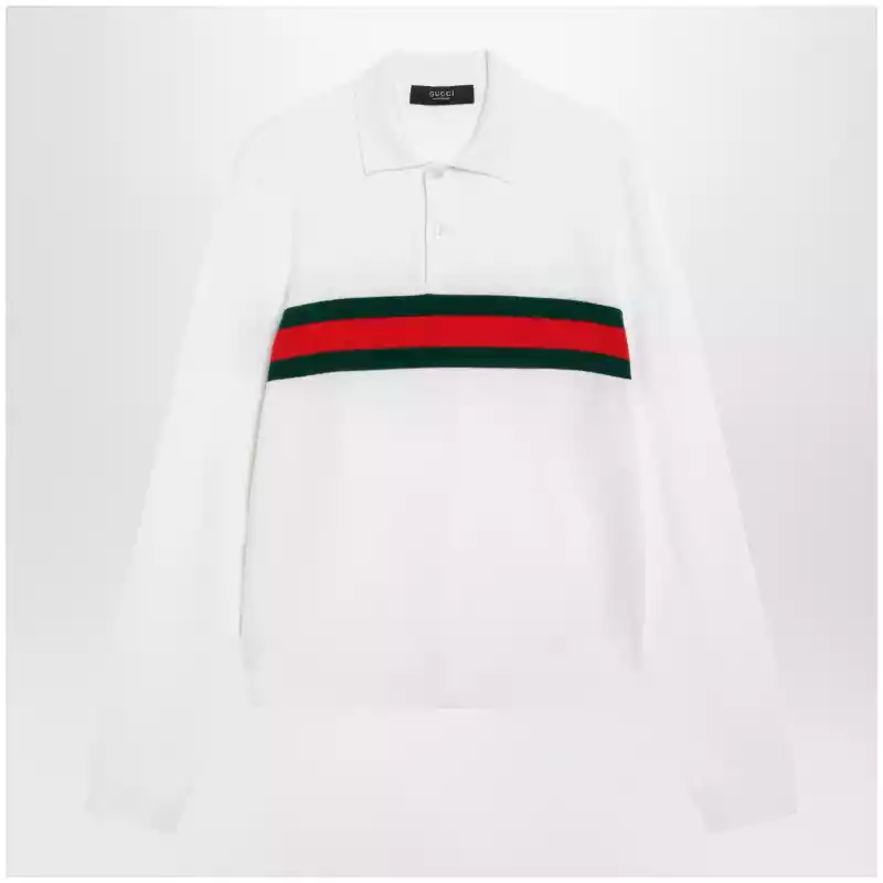 GUCCI White cashmere polo shirt with Web motif