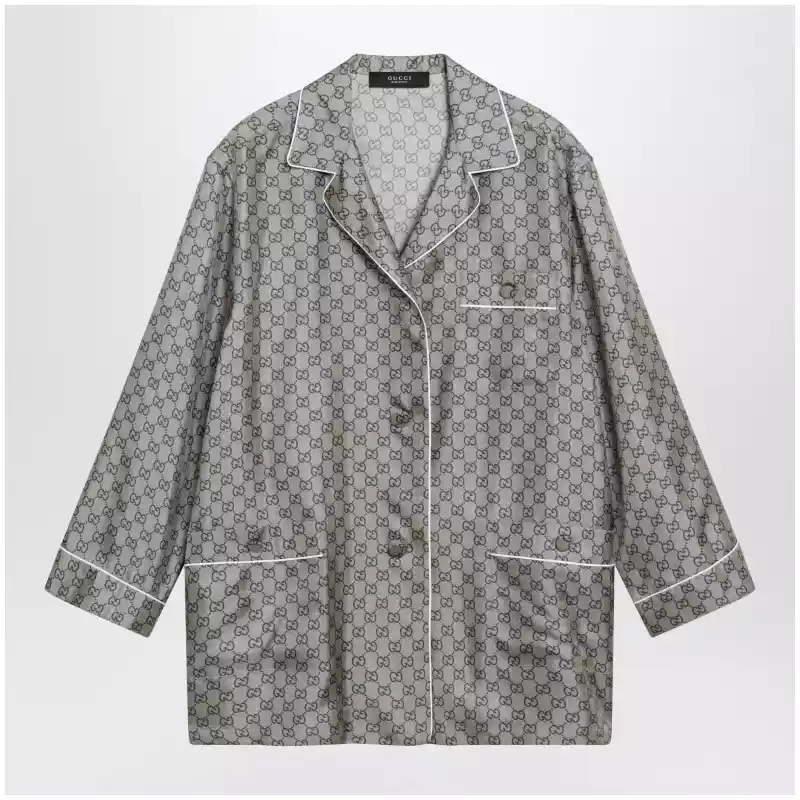 GUCCI Silk twill shirt with GG print in beige