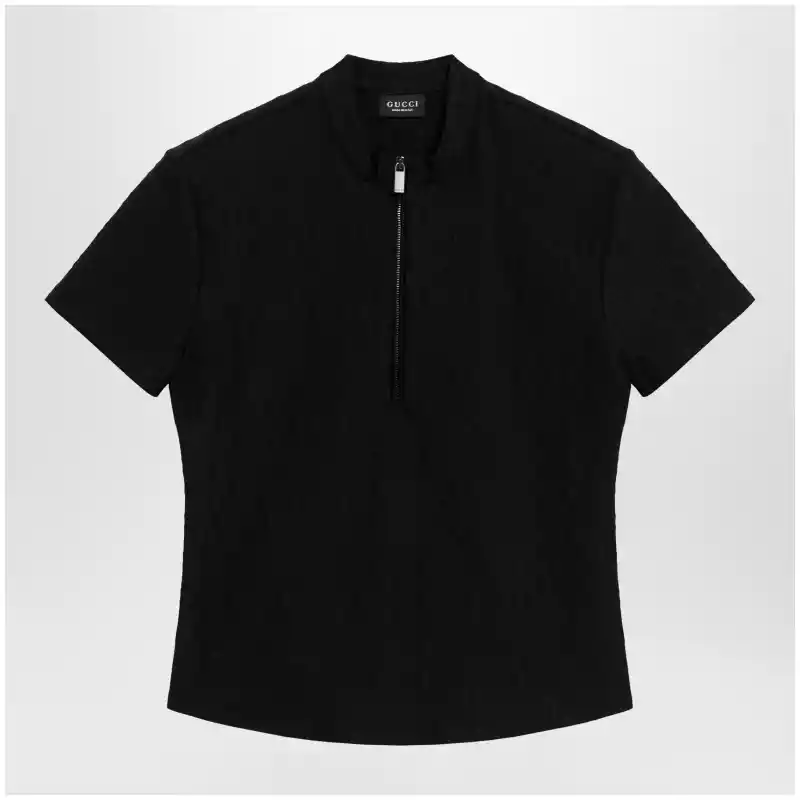 GUCCI Black GG jacquard jersey T-shirt with half zip