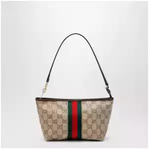 GUCCI Small pouch in sand beige GG fabric with Web stripe