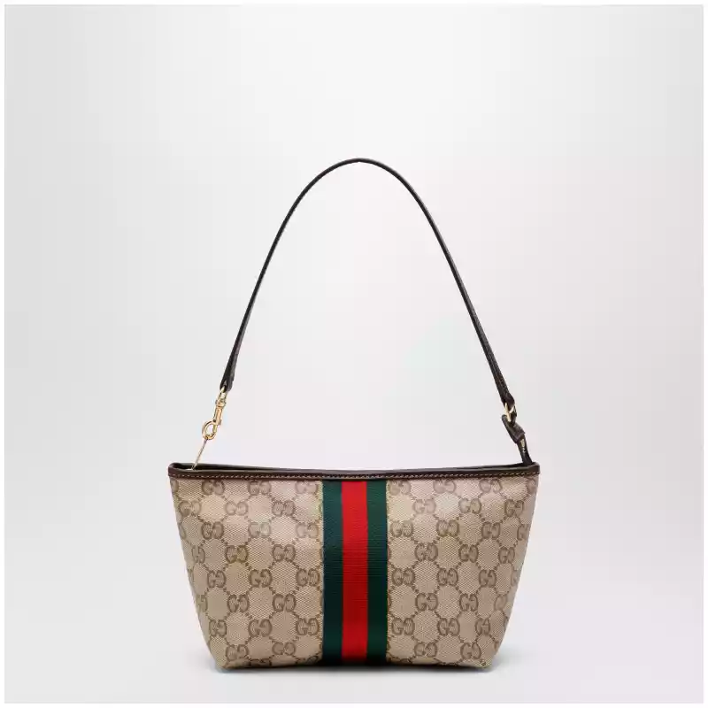 GUCCI Small pouch in sand beige GG fabric with Web stripe