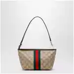 GUCCI Small pouch in sand beige GG fabric with Web stripe